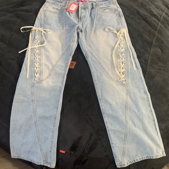 Edikted Sky Blue Lace-Up Flare Jeans - Picture 2 of 4